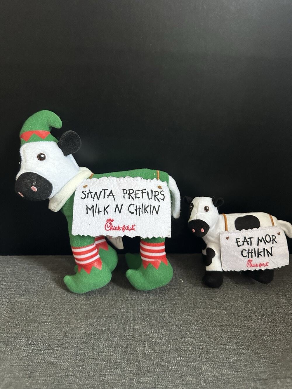 Chick-fil-A Cow Plush Lot of 2 Christmas Elf 2016 + Eat Mor Chikin 2024